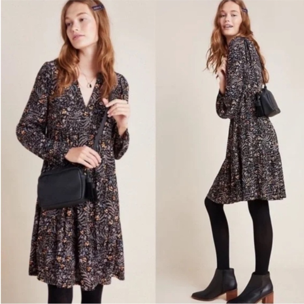 ANTHROPOLOGIE Maeve Amber Long Sleeve Floral Tiered Dress Size XS